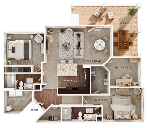 Floor plan for 2 beds, 2 baths, 1458 sqft